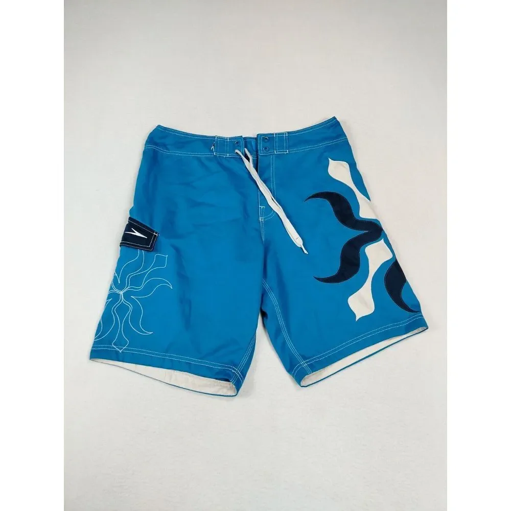 Speedo Board Shorts Men's 35 Blue‎ Hawaiian Floral Surf Swim Trunks Wakeboarding